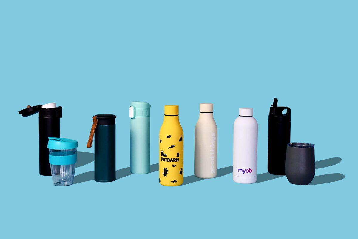 Branded drink bottles and coffee cups for Petbarn, MYOB and Good Things