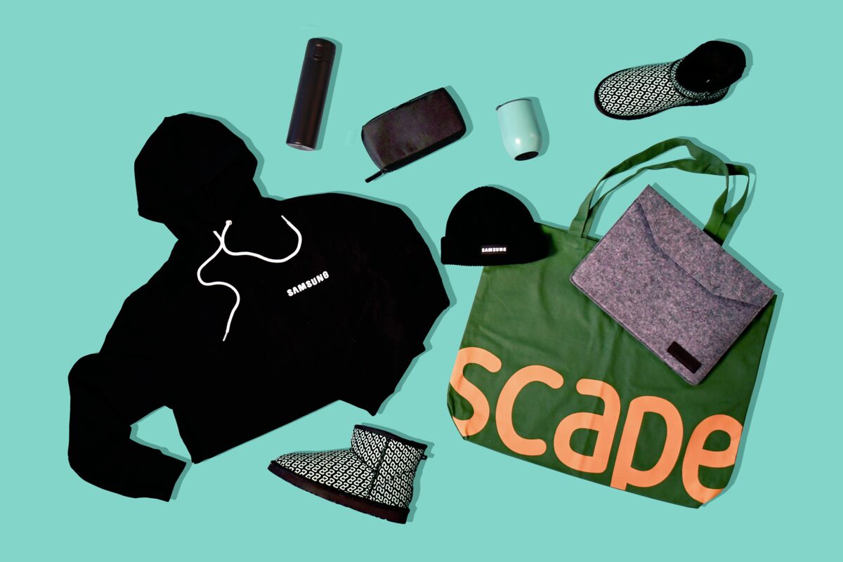 Custom merchandise kit: Samsung hoodie, beanie and bottles with a Scape tote, laptop sleeve and boots