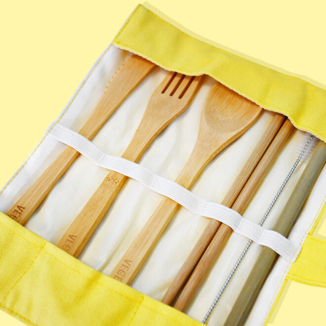 Bamboo Cutlery in a Full Colour Cotton Pouch