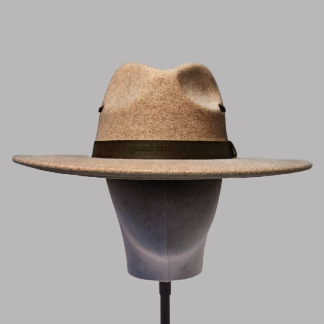 Polyester fedora hat with PU debossed trim and straps – Oatmeal