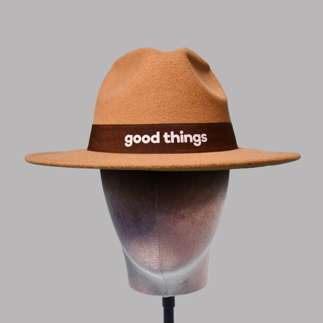 Polyester Fedora Hat with Printing Trim – Beige