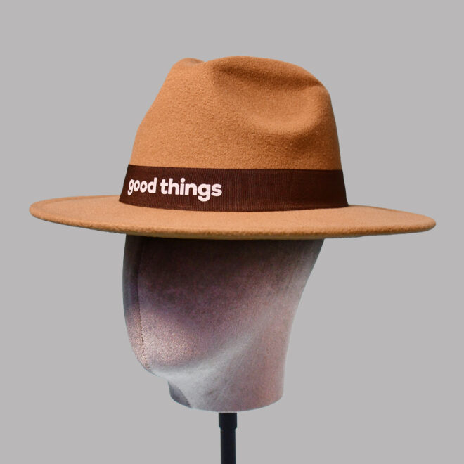 Polyester Fedora Hat with printing trim – Beige