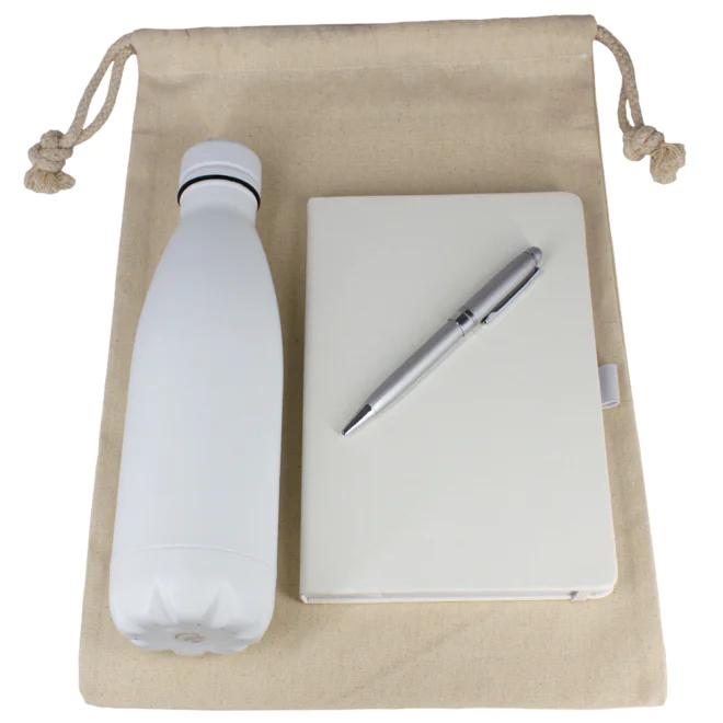 Gift Set – Cotton Drawstring Bag, Insulated Bottle, Journal & Pen