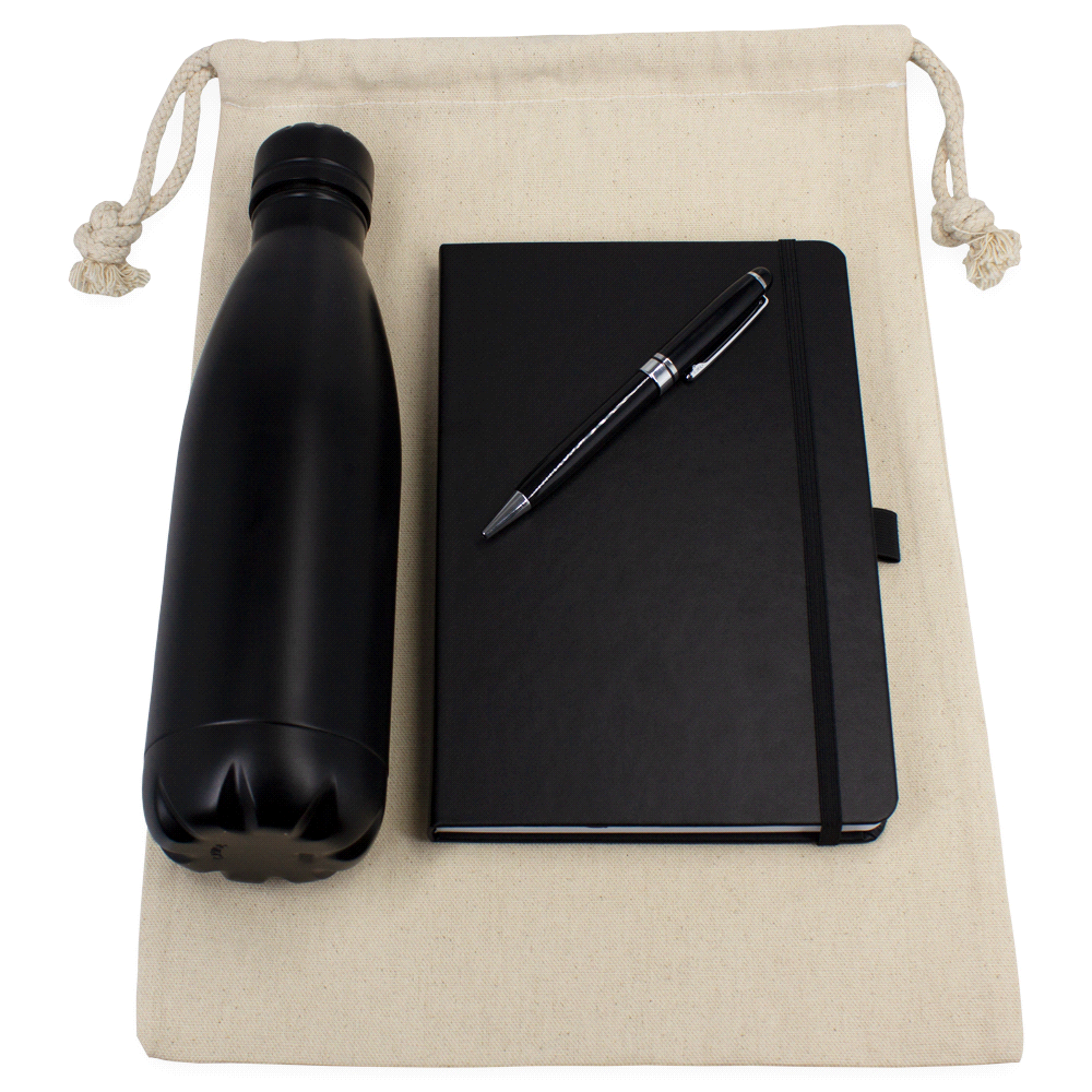 Gift Set – Cotton Drawstring Bag, Insulated Bottle, Journal & Pen