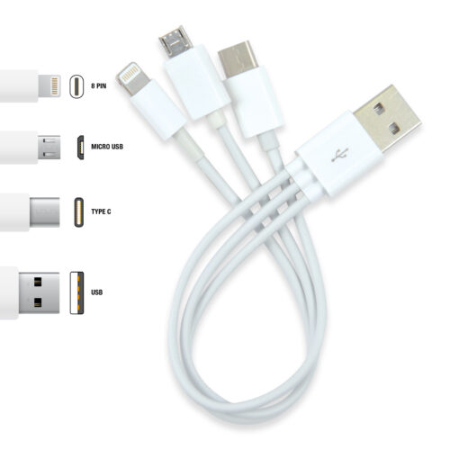 3 in 1 Combo USB Cable – Micro, 8 Pin, Type C