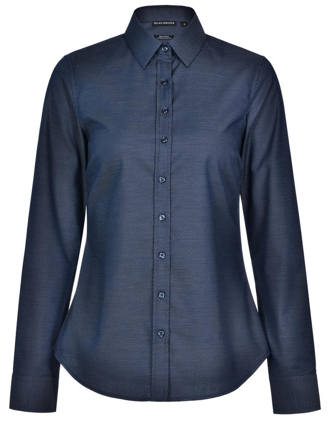 M8400L_Navy_l Ascot Ladies Long Sleeve Dot Jacquard Stretch Shirt