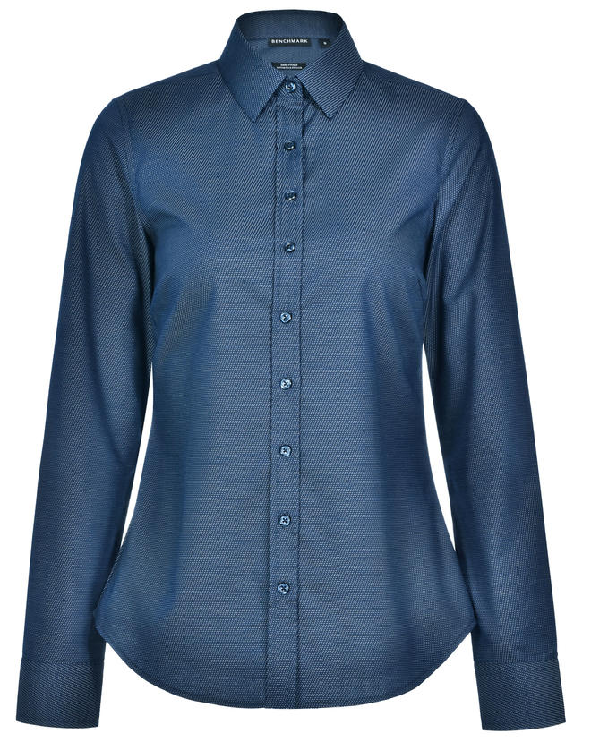 M8400L_OceanBlue_l Ascot Ladies Long Sleeve Dot Jacquard Stretch Shirt