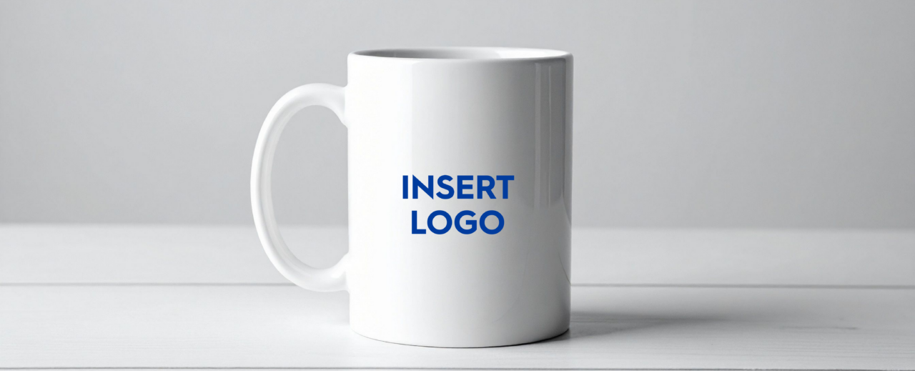 "Insert Logo" text on a white mug