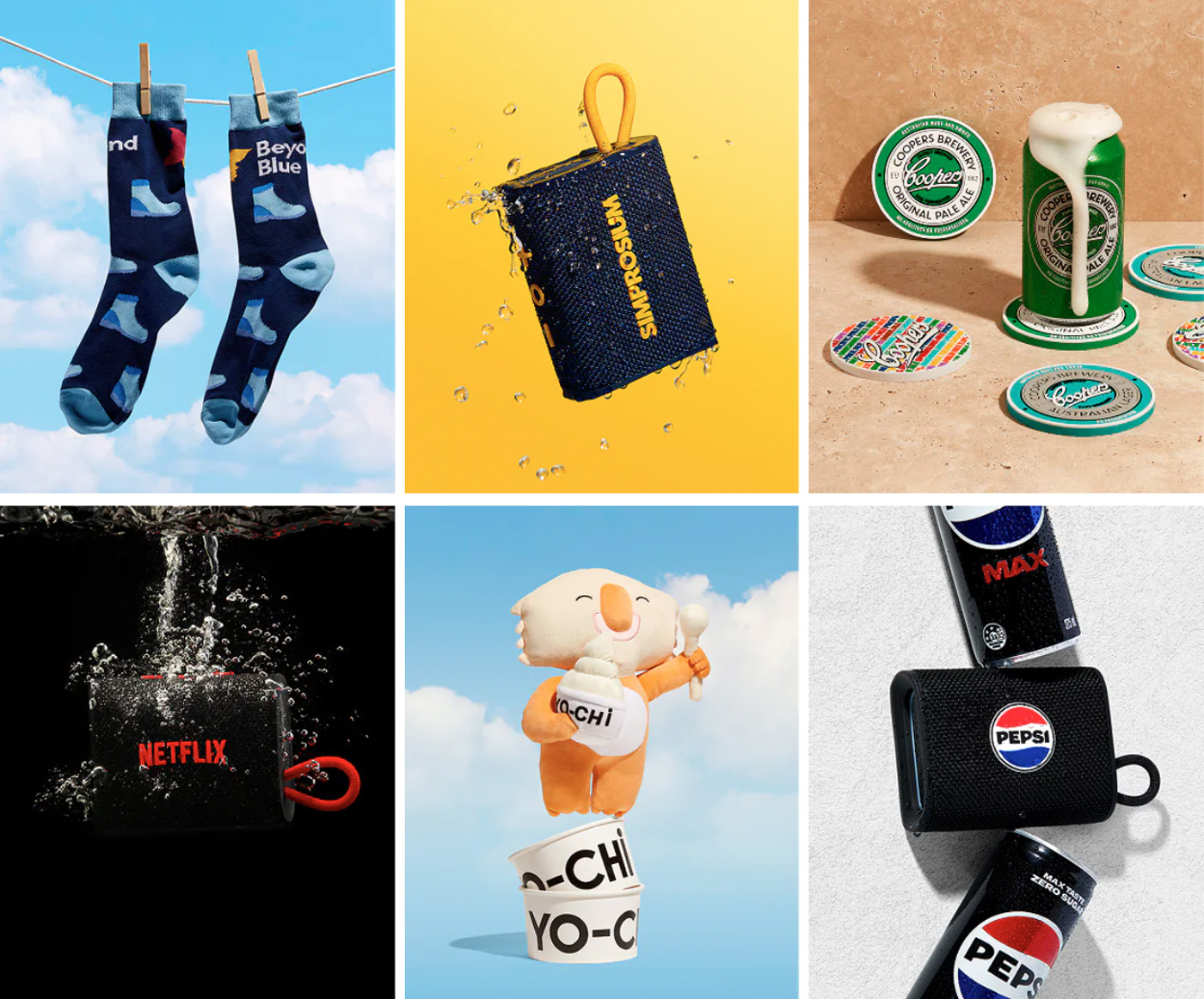 Custom branded merchandise produced by Good Things Australia for Beyond Blue, Simpro, Coopers Brewery, Netflix, Yo-Chi, and Pepsi