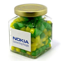 Corporate Coloured Humbugs in Square Jar 140G