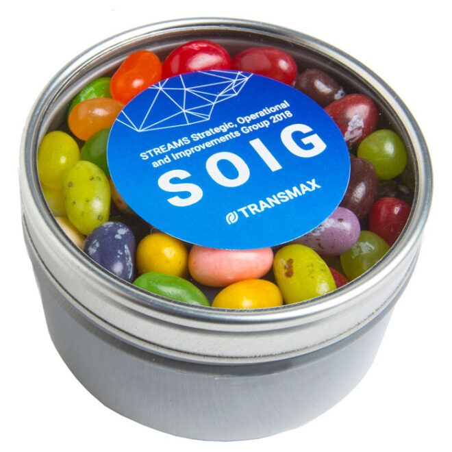 Small Round Acrylic Window Tin with JELLY BELLY Jelly Beans 150g