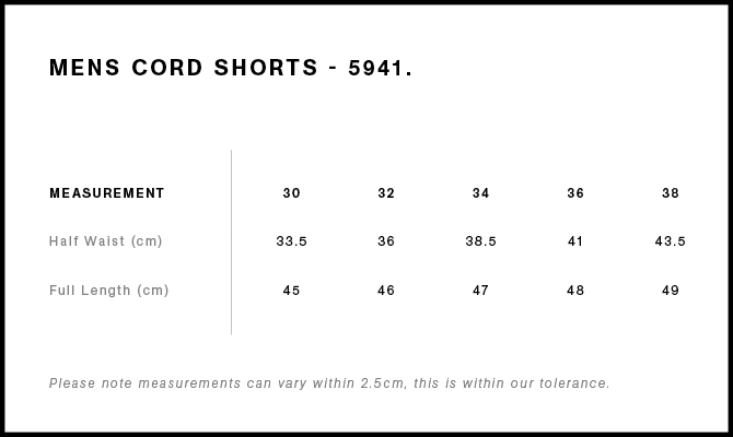Mens Cord Shorts Size Guide
