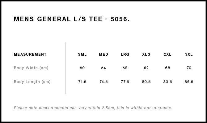 Mens General L/S Tee Size Guide