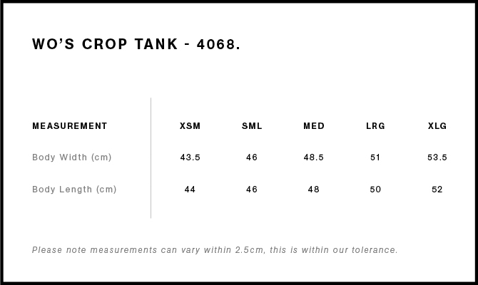 Wo’s Crop Tank Size Guide Wo’s Crop Tank Size Guide