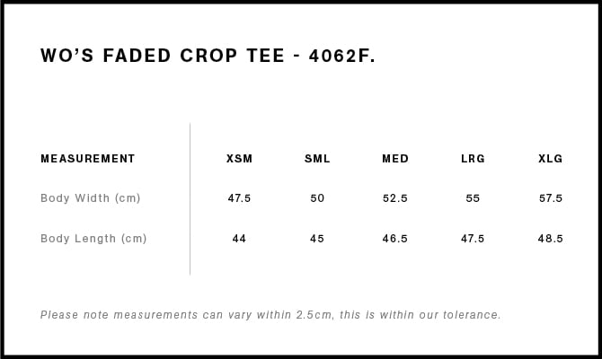 Wo’s Faded Crop Tee Size Guide Wo’s Faded Crop Tee Size Guide