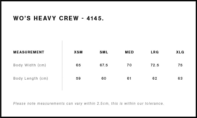 Wo’s Heavy Crew Size Guide Wo’s Heavy Crew Size Guide