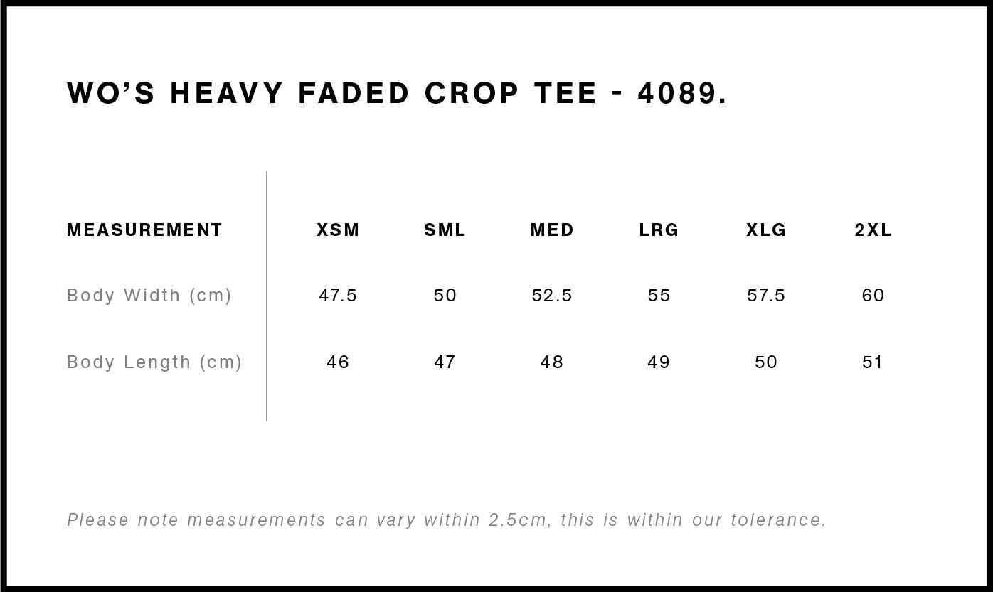 Wo’s Heavy Faded Crop Tee Size Guide Wo’s Heavy Faded Crop Tee Size Guide