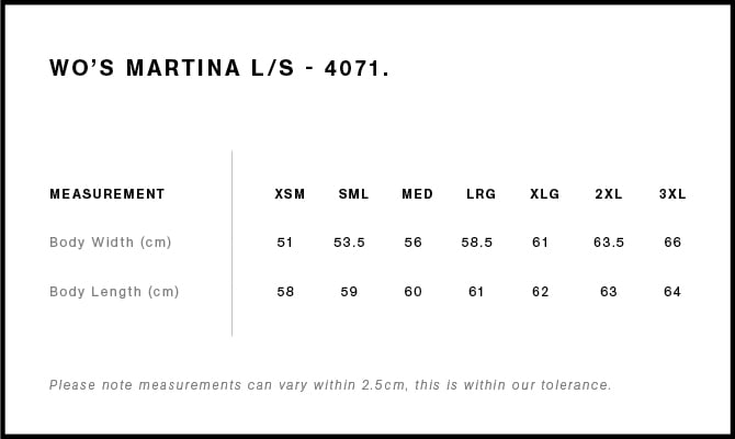 Wo’s Martina L/S Tee Size Guide