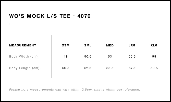 Wo’s Mock L/S Tee Size Guide