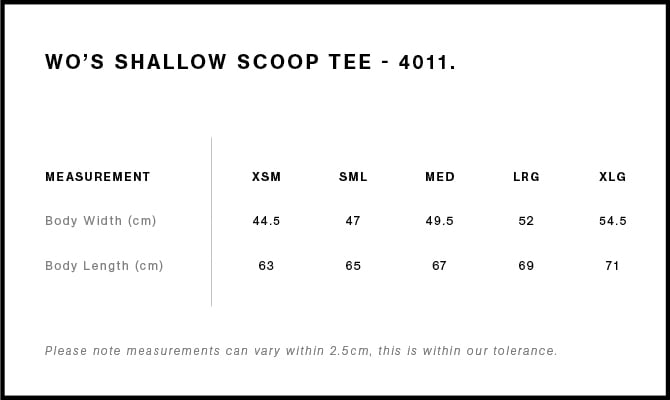 Wo’s Shallow Scoop Tee Size Guide Wo’s Shallow Scoop Tee Size Guide