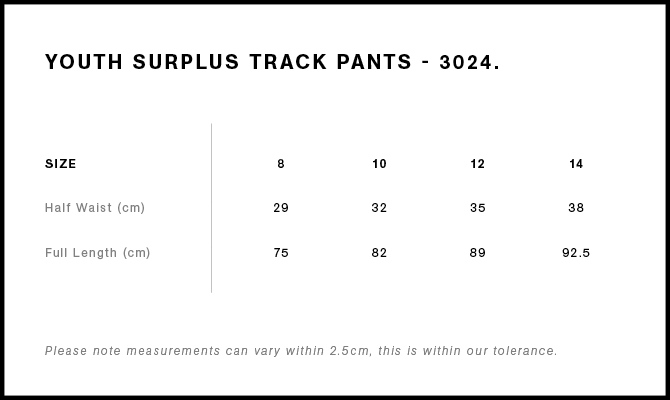 Youth Surplus Track Pants Size Guide New